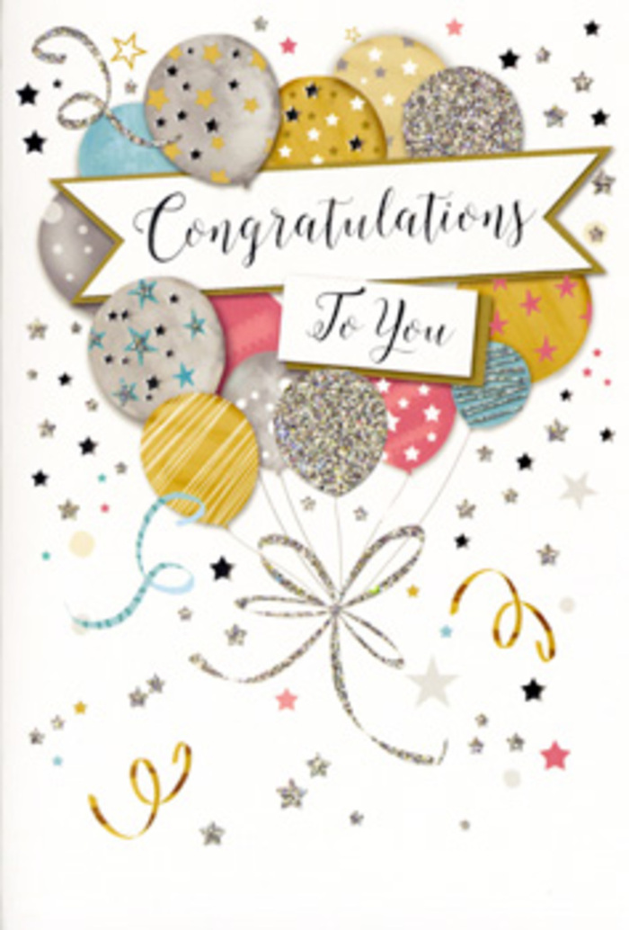 This image captures a refined congratulations card that seems almost to glow against a soft, neutral backdrop. At the centre, a floating cluster of balloons forms the main motif, overlapping gently to convey depth and movement. The balloons are illustrated in a palette of champagne, pale gold, soft silver, sky blue, blush pink, and light grey, each one adorned with delicate embellishments-fine glitter specks, slender stripes, and scattered star patterns-creating a sense of quiet sparkle, like party lights reflecting in the windows of homes near Putney Bridge. A flowing banner stretches horizontally across the middle of the cluster, carrying the phrase Congratulations To You in an ornate, hand-lettered style that feels at once modern and timeless. Surrounding the balloons, tiny metallic stars, curls of ribbon, and confetti-like dots are scattered with intention, filling the space without making it feel overcrowded, and suggesting the joyful buzz of a celebration in a favourite Putney café or riverside venue. The background is kept light and airy, allowing the metallics and pastels to shine while maintaining a calm, sophisticated mood. From a florist's point of view, the card has the poise and warmth that make it ideal for pairing with congratulations flowers-whether for exam results, promotions, or personal milestones. It evokes that lovely moment when a carefully chosen bouquet and card arrive together, bringing a message of pride and support to friends, family, or colleagues around Putney, from West Hill to East Putney. The design feels versatile yet heartfelt, suitable for any achievement that deserves to be honoured with grace and a touch of sparkle.