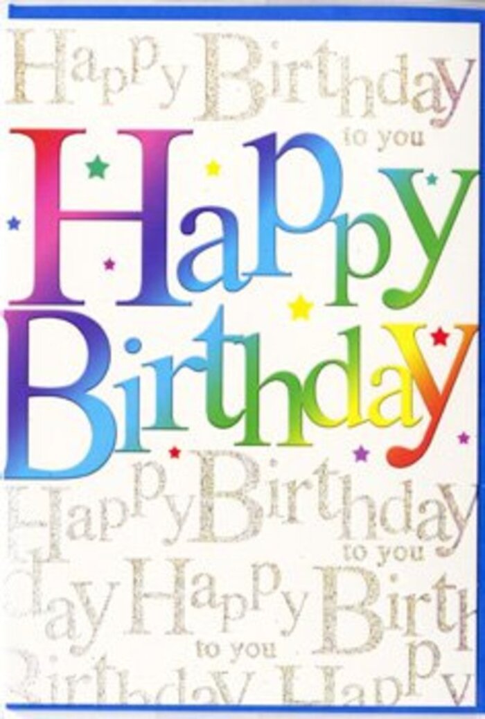 This birthday card conveys the feeling of walking past a busy Putney florist on a special day, the window filled with colour and the promise of celebration. Dominating the design is the large, central phrase Happy Birthday, rendered in ample, softly curved letters that stretch confidently across the card. Each letter is infused with its own vivid shade, forming a sweeping rainbow that begins in rich crimson and magenta, moves through glowing orange and buttercup yellow, then slides into zesty green, lagoon blue and vibrant indigo. The transitions between these colours are smooth and misty, reminiscent of the way a seasoned florist in Putney layers different blossoms to create depth and movement in a bouquet heading towards Putney Bridge or the common. Behind this bold greeting, the background is alive with delicate golden handwriting that repeats Happy Birthday to you in looping cursive script from top to bottom. The metallic gold ink catches the light as if it were fine thread woven into the card, offering a soft shimmer that changes slightly with every angle, much like the glint of sunlight on the Thames on a clear day. Between the main letters and the golden backdrop, tiny sprinklings of colourful confetti-like dots and little stars add playfulness, suggesting the moment when party poppers go off at a birthday gathering in a Putney garden or along the High Street. The surface looks sleek and glossy, enhancing the saturation of the rainbow lettering while allowing the gold script to remain delicate and legible. The overall composition feels joyful yet elegant-a thoughtful choice to accompany a fresh birthday bouquet delivered across Putney, bringing an extra sense of warmth and festivity to the celebration.