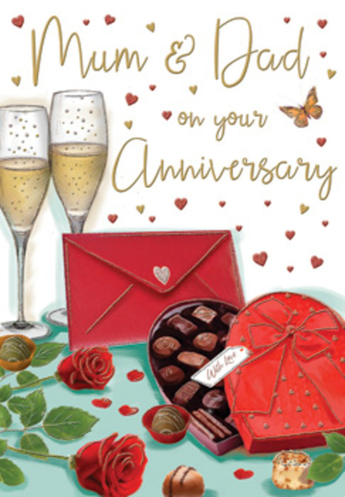 Luxurious, detailed anniversary card artwork set in a warmly lit scene that could belong to a couple celebrating at home in Putney. The focal point is a pair of slender champagne flutes, standing shoulder to shoulder on a softly shaded tabletop, each one filled almost to the brim with golden sparkling wine. Tiny bubbles are illustrated with precision, capturing that lively, effervescent rise that happens just before glasses meet in a toast. To the side, two rich red roses lie gracefully, their petals dense, velvety, and slightly curled at the edges, framed by deep green leaves that suggest fresh foliage sourced from a skilled florist serving the Putney area. At the front of the scene, an open, heart-shaped box of chocolates invites the eye, its dark red casing tied with an elegant, wide satin bow now folded back. Inside, an array of round and square chocolates sits neatly arranged, some pieces tipped out onto the table as if already shared in a quiet, intimate moment. A bright scarlet envelope, thoroughly sealed and angled just so, hints at a handwritten love letter or anniversary greeting, perhaps exchanged by parents or long-time partners. Around the arrangement float small golden sparkles and red hearts, gently scattered like confetti drifting on the evening air, adding an extra layer of festivity. The chosen palette of reds, golds, and creamy neutrals creates a sense of glowing comfort, reminiscent of soft lamplight in Putney homes overlooking the Thames. The overall composition brings together the essence of floral romance, indulgent sweets, and celebratory bubbles, evoking gratitude and affection for years spent side by side.
