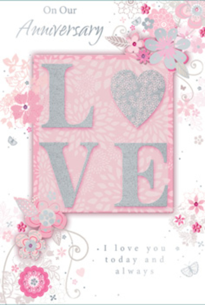 In this image, the anniversary card opens like a beam of soft sunshine, its design celebrating everyday love with the understated charm you might find in a Putney townhouse filled with fresh flowers. The main motif-the word LOVE-is printed in raised, frosted glitter, the letters thick enough to catch both light and touch. As your fingers might move across them, you can imagine a gentle, sandy texture that glimmers subtly, never gaudy. Around this central word, airy, hand-drawn blossoms float along the card's borders, their petals coloured in blended shades of pink, lilac, and warm ivory. The style is loose and graceful, suggesting flowers observed in passing on a morning walk across Putney Bridge or through Wandsworth Park. Slender stems curl into fine flourishes, with dainty leaves and near-hidden butterflies tucked into the spaces between, evoking the flutter of anticipation before an anniversary celebration. The background remains a soft, luminous pink, imbuing the card with a sense of calm and steady affection. Beneath or beside the floral scrollwork, a tender message-I love you today and always-rests in clean, understated type, neither ornate nor plain, but perfectly balanced. The overall layout has the rhythm of a well-composed bouquet: fuller in the centre, lighter at the edges, every detail placed with intention. It feels like a hand-tied arrangement translated onto card stock, offering the same pause for gratitude that comes when Flower Delivery Putney brings a bouquet to the door-quiet, sincere, and filled with hope for all the days still to come.