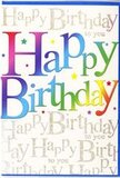 This birthday card holds the atmosphere of a cheerful Putney celebration, the kind where flowers, cake and laughter fill a living room overlooking the river. The main feature is the large Happy Birthday message, written in big, inviting letters that arc gently and seem almost three-dimensional against the background. Each letter wears its own vibrant colour, forming a gentle rainbow that flows from lush reds and rosy pinks into fiery oranges, mellow golds, fresh greens and cool, aquatic blues. The edges where each shade meets are softly blended, echoing the way hues drift into one another in a well-balanced arrangement made by a local Putney florist. Behind the bold greeting lies a field of fine golden script, repeating the phrase Happy Birthday to you in a graceful, looping hand. This metallic script has a subtle sheen, catching the light in a way that feels similar to delicate foil detailing on luxury wrapping paper, or to the soft shimmer of sunlight reflected off the Thames near Putney Bridge. Scattered lightly around the main text are tiny coloured specks and star-like details that resemble flashes of confetti swirling in the air after a birthday toast at a favourite Putney pub or restaurant. The overall finish appears smooth and slightly glossy, making the rainbow letters pop while giving the gold script a refined, shimmering presence rather than an overpowering shine. The design balances playful brightness with a sense of careful craftsmanship, making this card a natural partner to a fresh birthday bouquet delivered anywhere in SW15-perfect for turning an ordinary day into a memorable, joy-filled occasion.