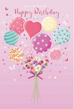 This birthday image feels like a tiny celebration drifting above Putney, with a floating bouquet of flowers and pastel balloons set against a serene pink backdrop. At the bottom of the scene, a cluster of roses and anemone-like blossoms gathers closely, their petals soft and feathery in creams, blush tones, and gentle mauve. The flowers are drawn with fine detail, each petal catching light and shadow in a way that echoes real, freshly cut blooms. A violet satin-style bow secures the stems, its loops full and rounded, giving a sense of care and craftsmanship reminiscent of a bouquet prepared in a Putney flower shop just before delivery. From this floral base rises a playful collection of balloons, their pastel shades of pink, teal, lemon, and lavender blending effortlessly. Some balloons are decorated with candy-like stripes, others with lively polka dots or swirling patterns, and one stands out in a heart shape at the centre, a clear symbol of birthday love. Long, curling ribbons trail gracefully downward, adding movement as if a light breeze from the Thames were passing by. Around the main design, tiny stars and butterflies dance in soft focus, evoking a fairy-tale touch and the magic of making a birthday wish. The lighting throughout is gentle and even, giving the balloons a subtle sheen and the flowers a velvety depth. The atmosphere is airy, sweet, and festive-a visual echo of a thoughtful birthday greeting that could accompany same-day flower delivery across Putney, from cosy flats near Putney Bridge to family homes tucked along quiet residential streets.