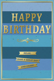 This birthday card captures a feeling of relaxed celebration through its harmonious blue background and refined gold accents, perfectly suited to a thoughtful birthday moment somewhere in Putney. The card's surface is divided into wide, horizontal bands, each one a different shade of blue. Deep navy and strong denim tones ground the design, while mid-range ocean and teal blues merge into lighter sky hues through the centre, forming a calm ombré effect, like watching the river's changing colours from Putney Bridge. Set firmly in the middle, the words HAPPY BIRTHDAY appear in bold gold capital letters. These letters are embossed, standing slightly above the card's surface, and their metallic sheen offers a warm, gentle glint whenever the card catches the light. Just below the main greeting, an elegant golden flourish stretches from left to right, with graceful curves that lend a classic, almost vintage note. Beneath this flourish, three slender gold banners sit neatly arranged one under the other, their lines perfectly parallel. They carry the message Relax, have a great day and enjoy! broken naturally across the ribbons, each word clear and welcoming. A fine gold border encloses the entire design, giving it a polished, framed appearance that feels at home in a tidy Putney flat or riverside café. The blue stripes look smooth and matte, while the gold trim and lettering appear glossy and slightly raised, inviting the fingertips to explore the contrast. The atmosphere is soothing yet undeniably festive-a sophisticated birthday card that pairs beautifully with a bouquet delivered across Putney, from quiet residential streets to the lively High Street.