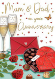 Illustrated anniversary card design evoking a romantic evening scene that feels at home in Putney, with every element carefully placed to celebrate enduring love. In the centre, two tall champagne flutes stand in close companionship, each one brimming with pale golden fizz, the bubbles rising in a fine stream that catches a gentle glow, as if from nearby candles or city lights. Resting beside them, two lush red roses lie on a bed of glossy green leaves, their petals richly layered and velvety, just like the premium stems a local florist such as Flower Delivery Putney might choose for an anniversary bouquet delivered across SW15. At the front, a heart-shaped chocolate box sits open, the deep red lid and dramatic satin bow folded back to reveal rows of indulgent chocolates, a few already scattered onto the tabletop in a way that suggests spontaneous sharing and laughter. A vivid scarlet envelope, tidily sealed and leaning slightly, adds a touch of intimacy, hinting at a message filled with affection and thoughtful words. Scattered around the design are tiny crimson and gold hearts, along with light, swirling accents, creating a sense of motion and celebration, as though the feelings in the room spill beyond the table. Warm cream tones, ruby reds, and shimmering gold details blend together to create a cosy, romantic atmosphere reminiscent of an anniversary evening near Putney Bridge or along the river. The scene feels like a visual love letter, combining flowers, chocolates, and champagne into one tender tribute to a couple's shared journey.
